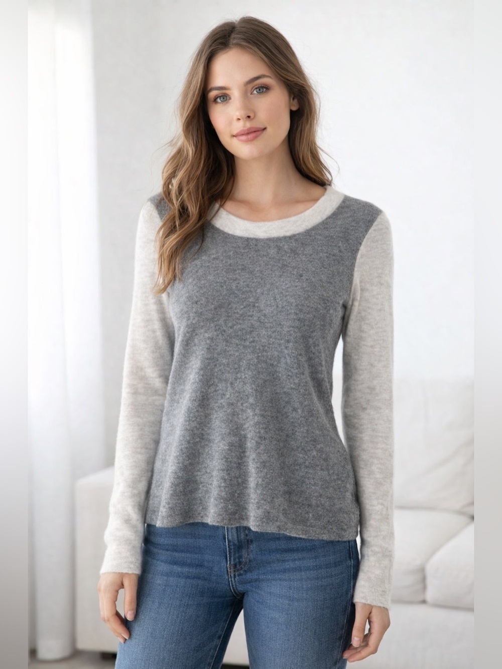 Banana Republic Gray and Cream Long Sleeve Wool Alpaca Thin Sweater Size L
